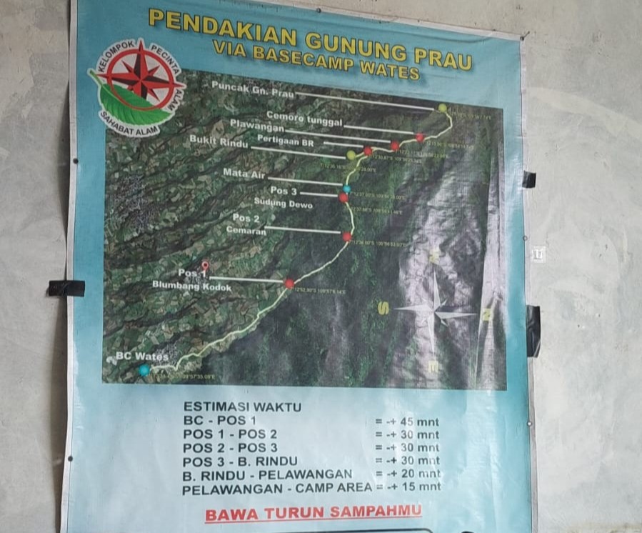 Jalur dan estimasi waktu pendakian Prau via Wates